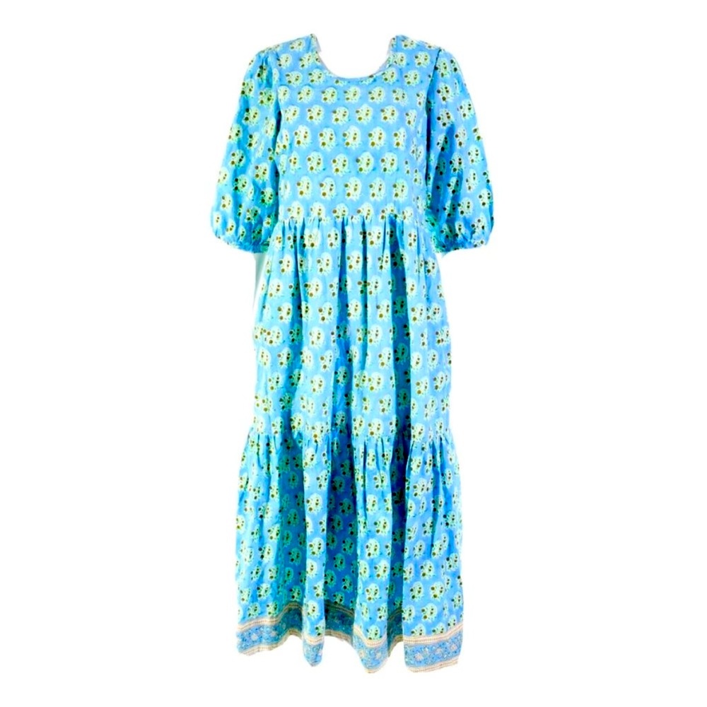 SZ Blockprints Cornflower Small Paisley Print Blue & Green Gaia Dress. M